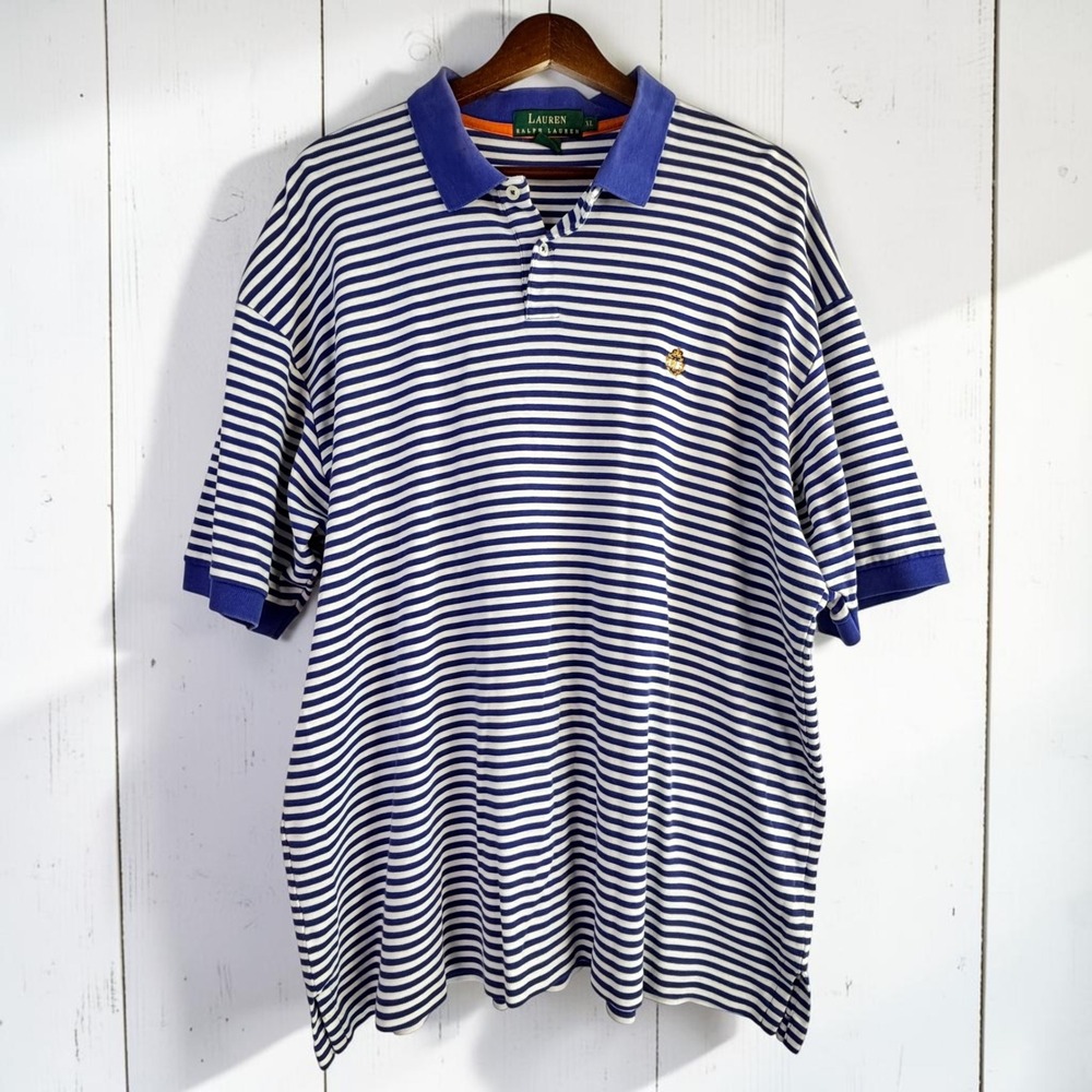 Vintage 90s L Ralph Lauren Polo Shirt XL Blue White Striped Crest Logo Cotton